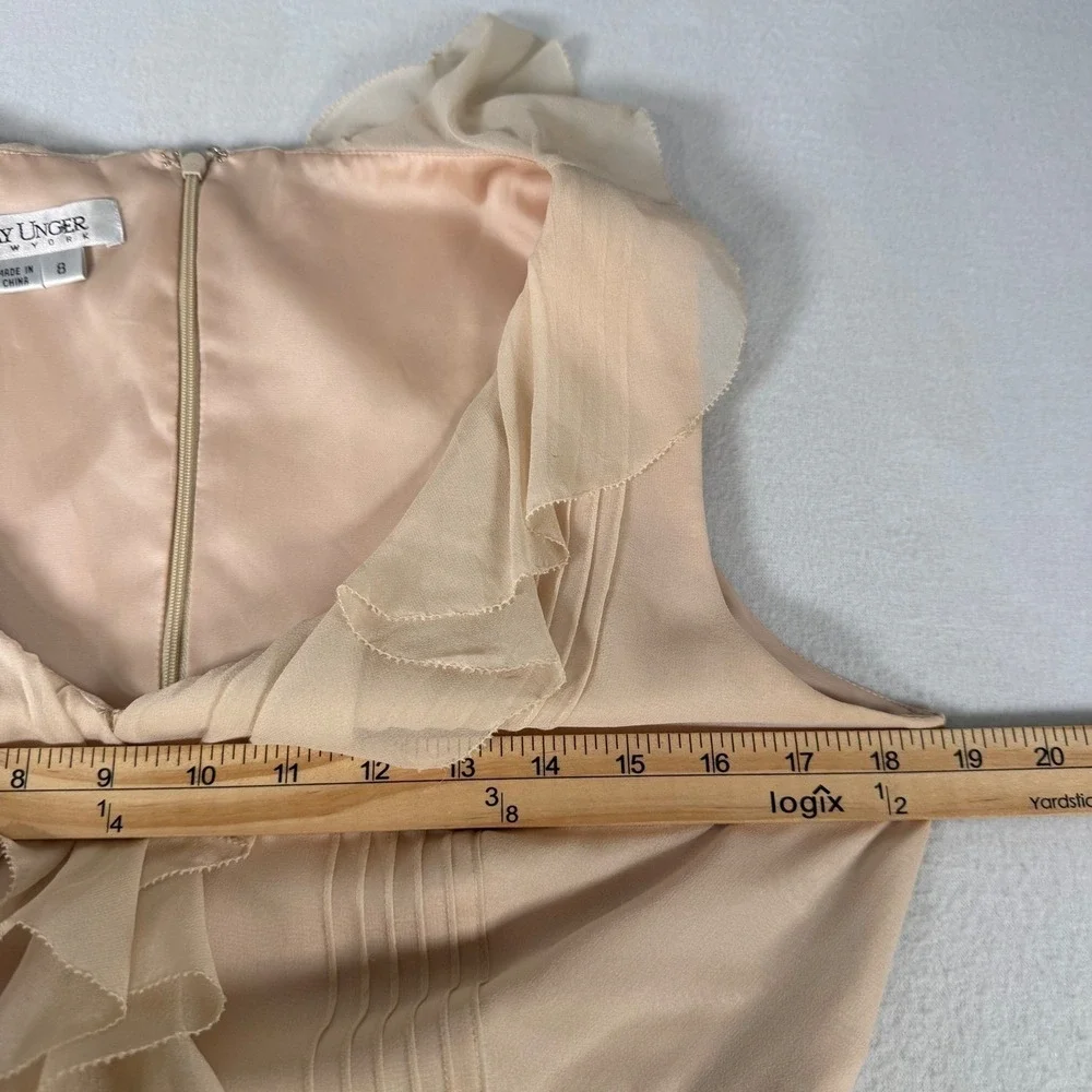 Kay Unger Sheath Dress Womens‎ 8 Gold Silk Ruffle V-Neck Metallic Cocktail Luxe